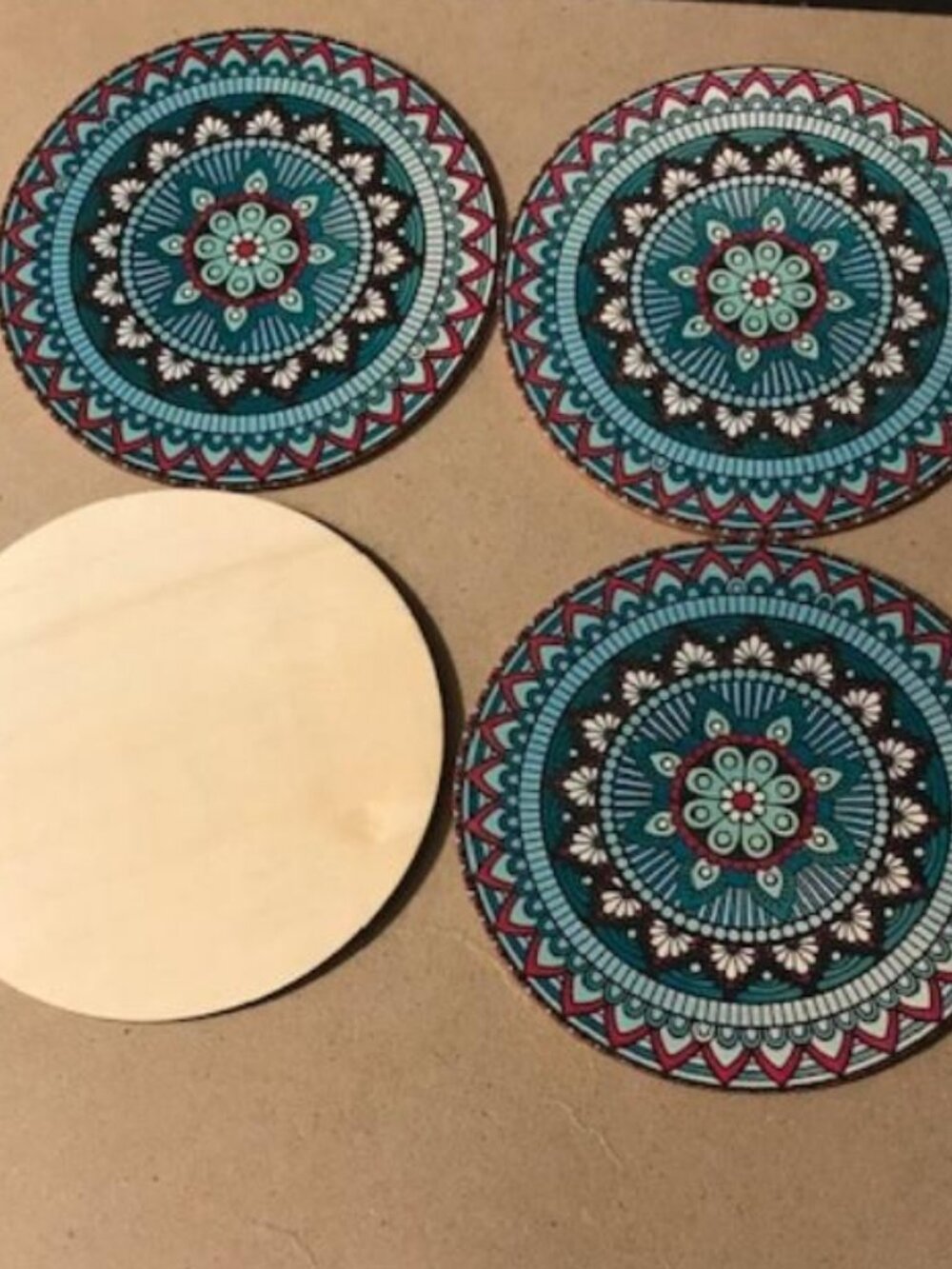 Wooden 4 pc Stained Glass Mandala Coaster Set Geometric Pattern India 103
